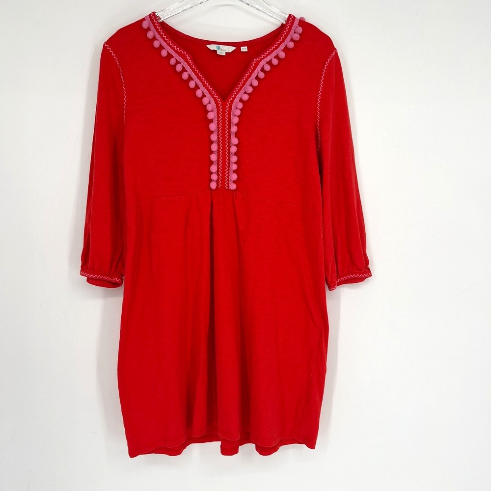 Boden‎ Carina Pom Pom Dress Womens 12L Red Boho Beach Coastal Resort